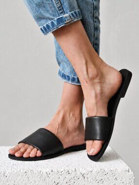 Ana Koutsi Black Leather Minimalist Greek Slide Sandals US 6